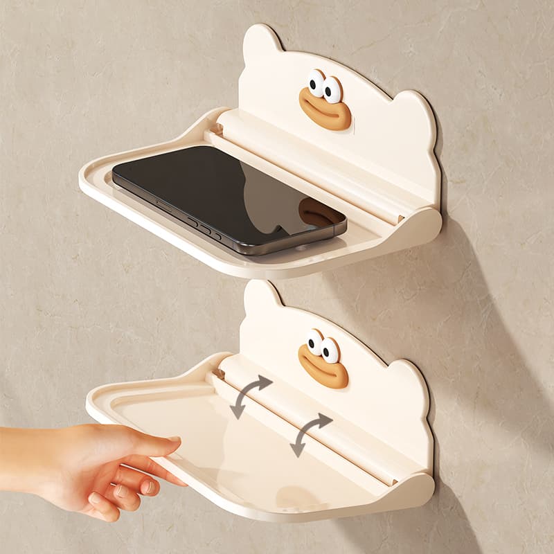 Wall-Mounted Foldable Toilet Paper Holder with Phone Shelf, No-Drilling Bathroom Tissue Box