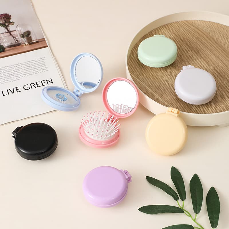 Foldable cute mini portable round air-cushion comb with mirror, flip cover, ins style