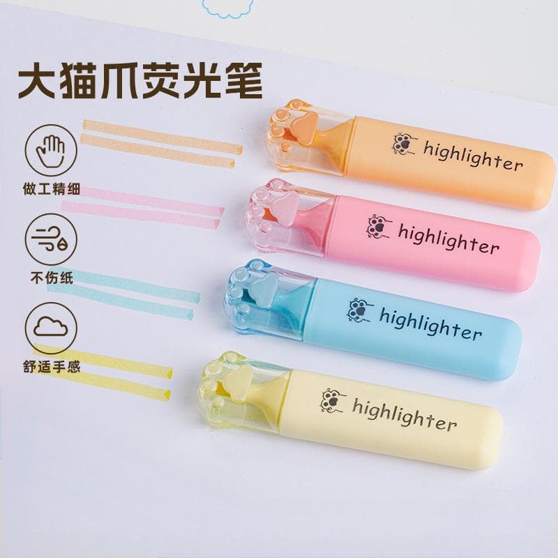 Cat paw-shaped eye-care highlighter pen, cute cartoon design, creative macaron colours