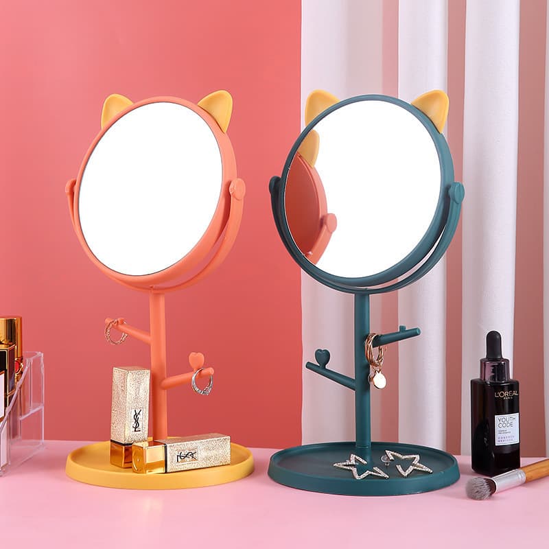 Cat Ear Desktop Makeup Mirror - Cartoon High-Definition Princess Mirror, Rotatable, Fashionable
