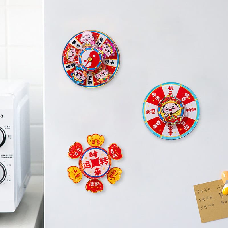 Fortune God acrylic fridge magnet with rotating disc, creative Chinese New Year decoration