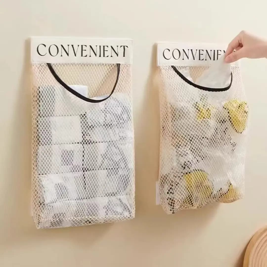Kitchen Wall-Mounted Rubbish Bag Storage Net Pouch Hanging Household Storage Bag Organiser Mesh Net