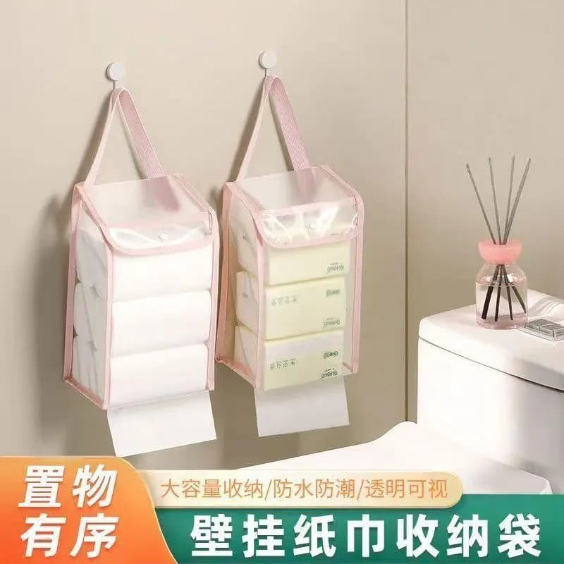 Snap-close transparent tissue holder hanging bag, waterproof, for home, dorm, bathroom, toilet paper storage