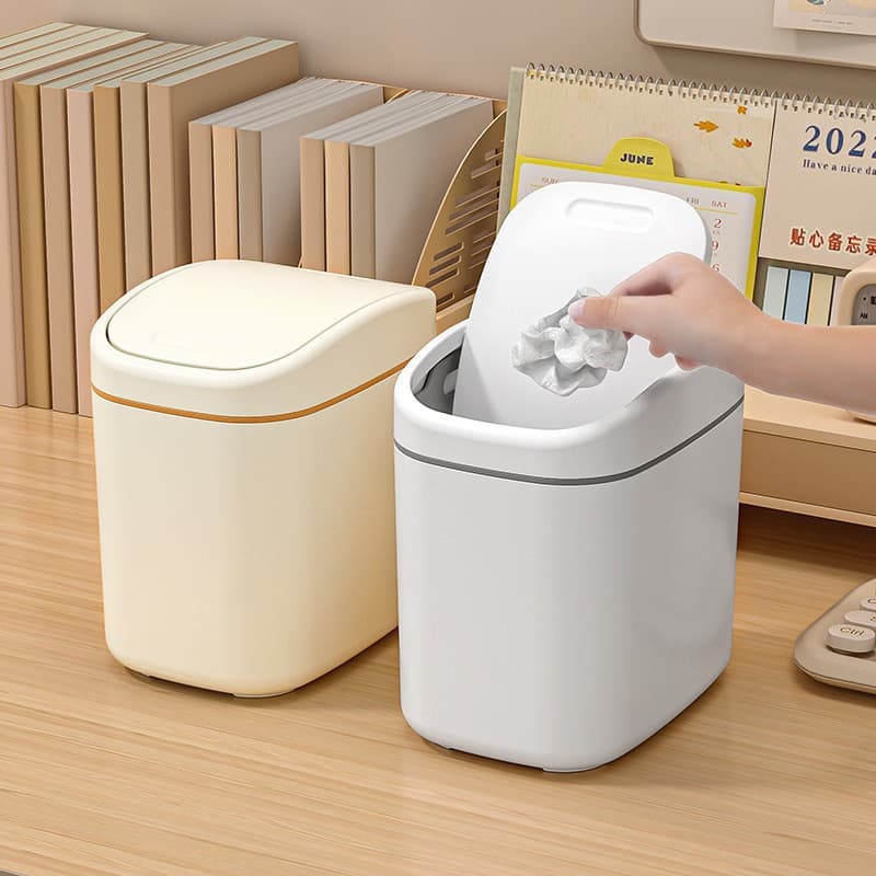 Desktop mini rubbish bin with rocking lid for home and office, waste paper bin, bedroom compact plastic bin with press ring