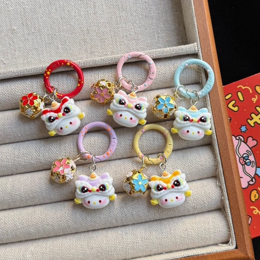 Cute Chinese New Year lion dance keyring with bell, for women and couples, bag charm and gift