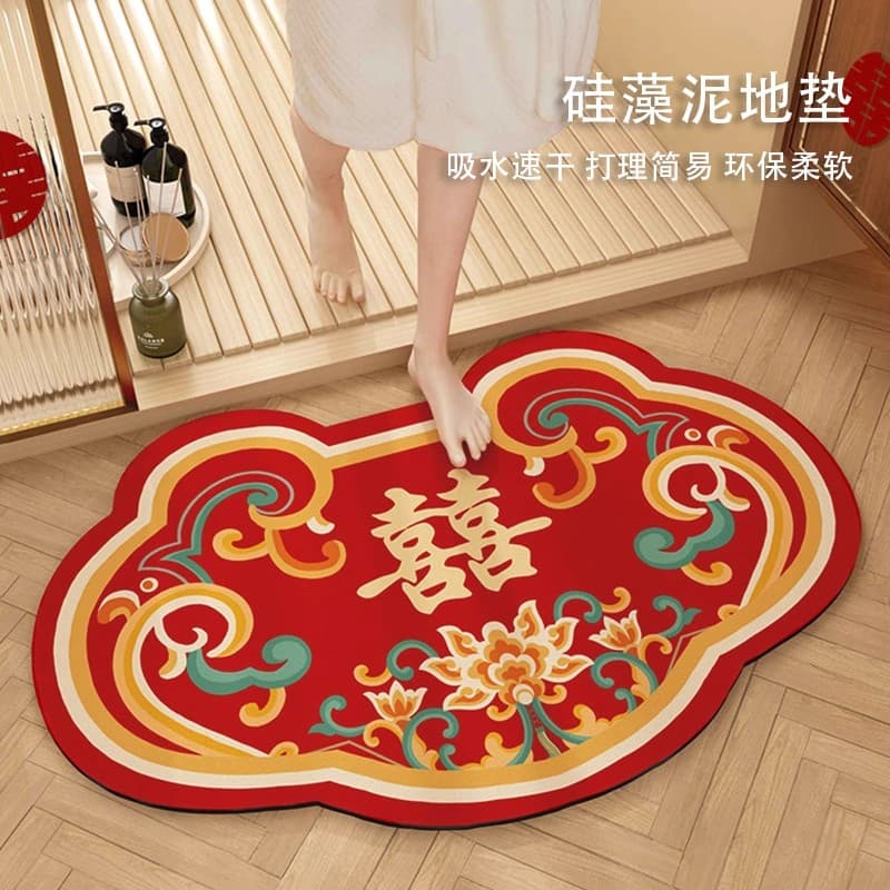 Chinese Wedding Double Happiness Bathroom Cabinet Floor Mat - Premium Absorbent Bathroom Doormat for Newlywed Decor