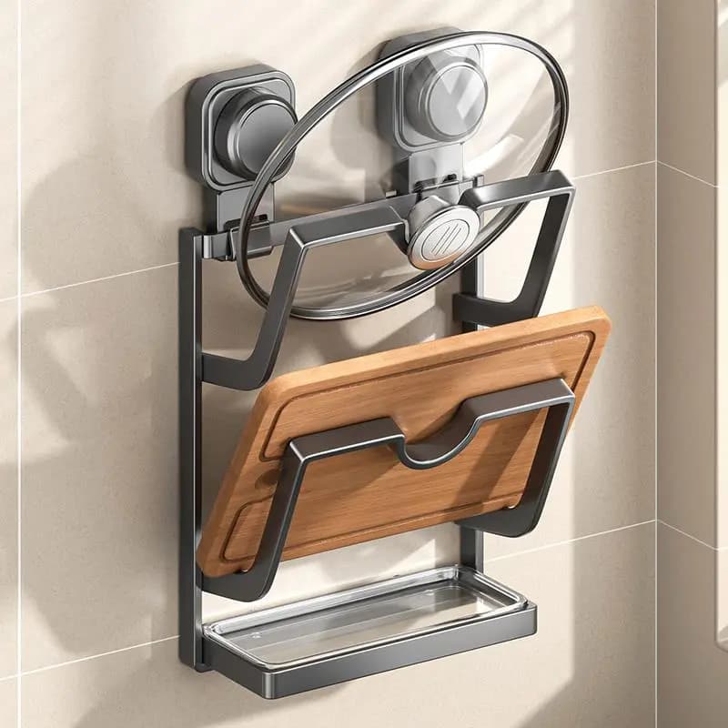 Suction Cup Pot Lid Holder Wall-Mounted Kitchen Organiser Multi-Functional Storage Rack for Home
