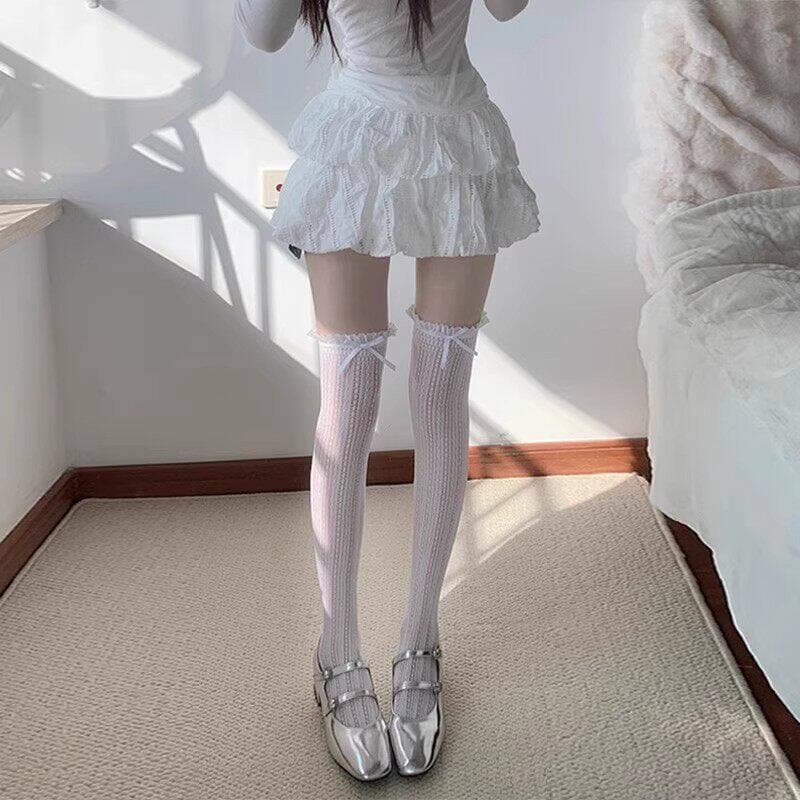 Sheer Sexy Over-the-Knee Socks with Lace Bow, Mesh Breathable, Ruched, Slimming, Ballet Style JK Socks
