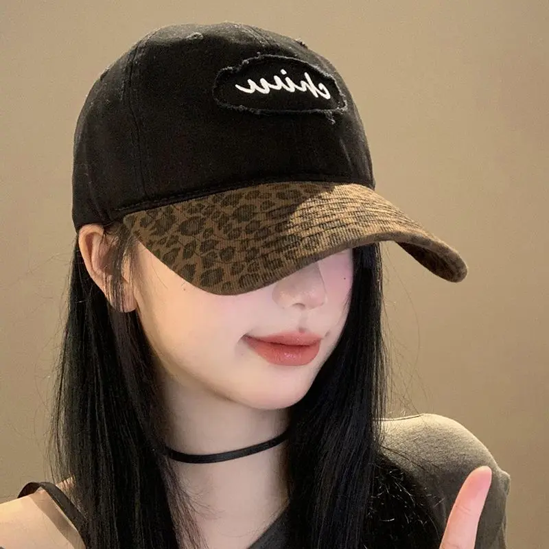 Retro Leopard Patchwork Baseball Cap for Women - Unisex Large Head Size, Slimming Visor, Soft Top, Black