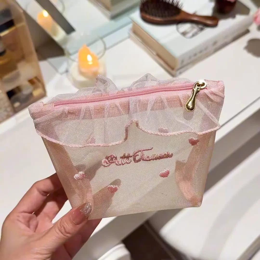 Korean Style Mesh Heart Embroidery Cosmetic Pouch with Portable Tissue Holder