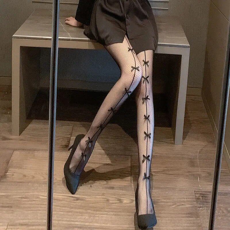 Mesh Pantyhose with Bow, Black, Fishnet, Sheer, Slimming