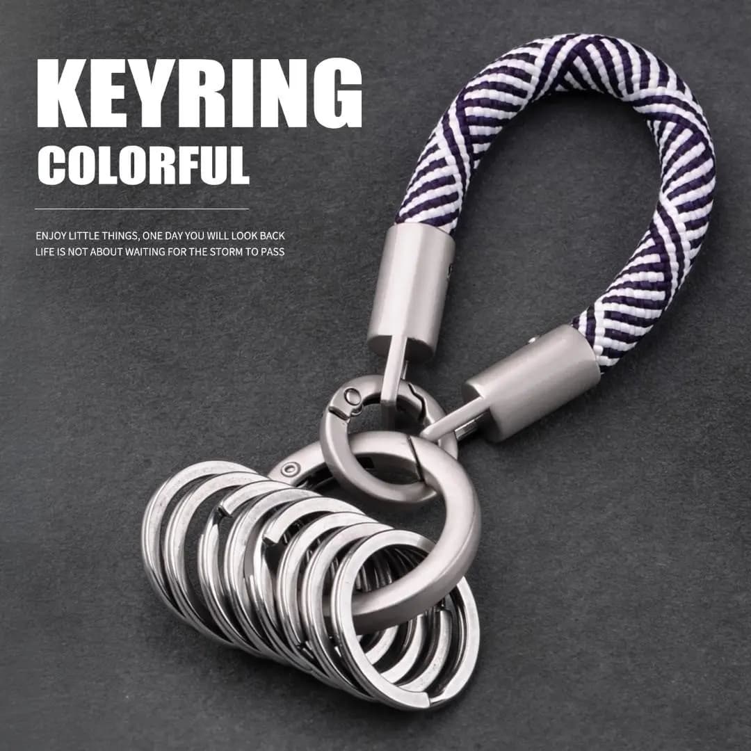 Coloured braided rope keyring, multi-loop car keychain, minimalist design
