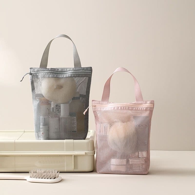 Portable Mesh Makeup Bag with Transparent Netting, Travel Toiletry Organiser, Beach Storage Pouch with Drainage