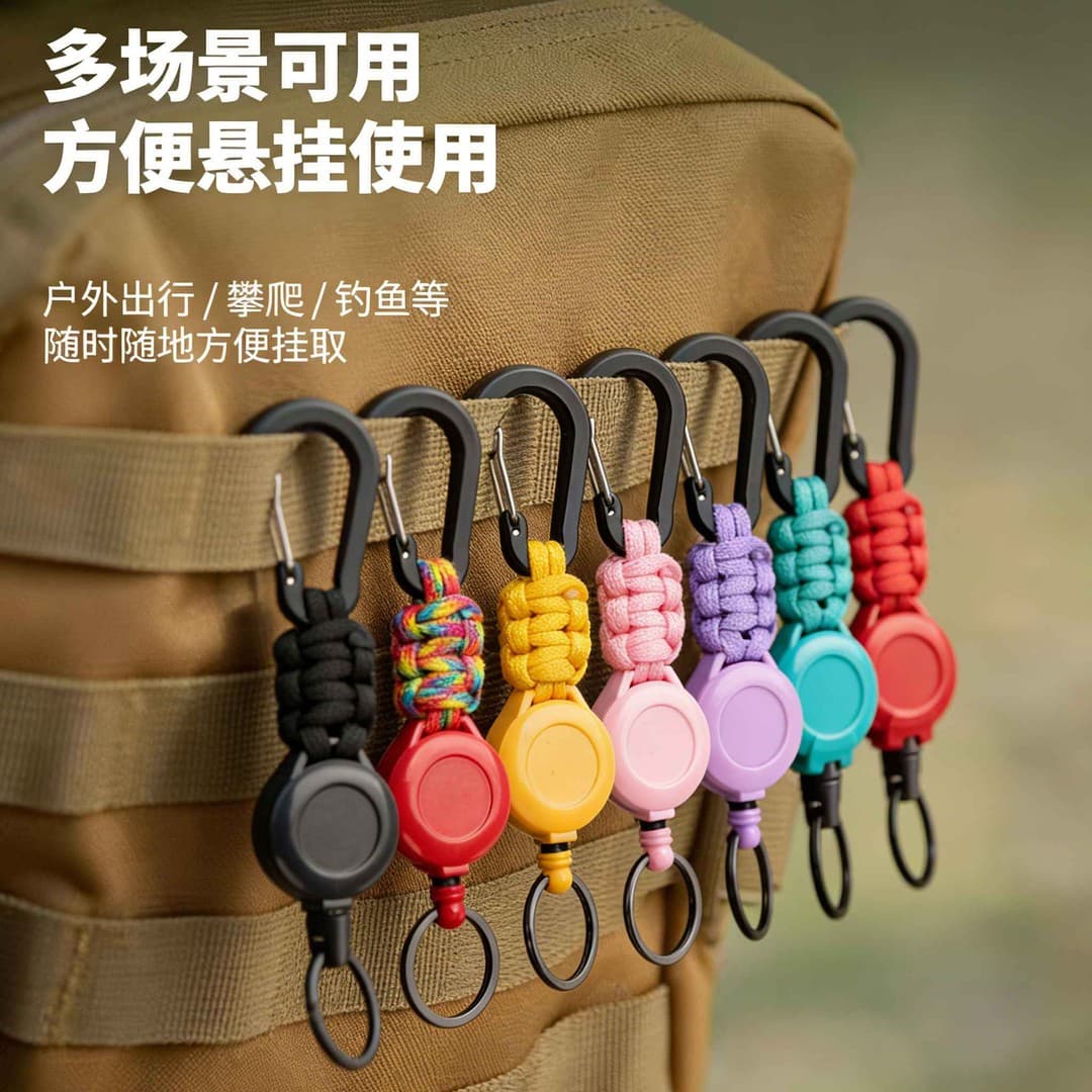 High-Rebound Keyring Anti-Loss Anti-Theft Outdoor Camping Retractable Keychain Carabiner Braided Rope Easy-Pull Buckle