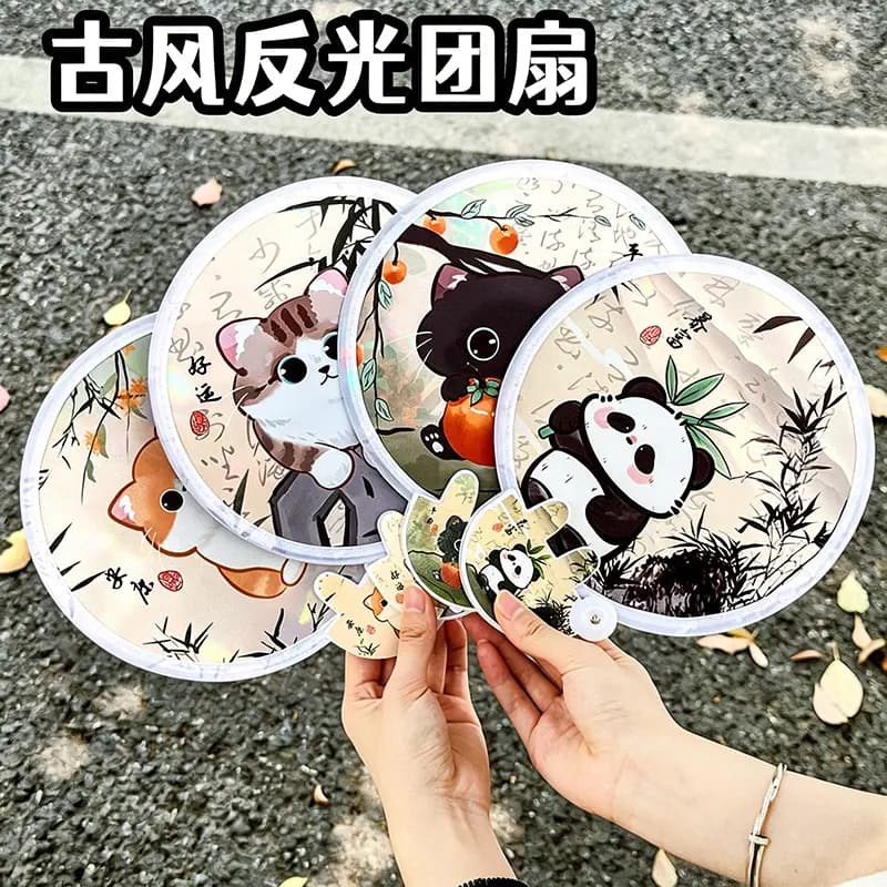 Cute Cat Selfie Folding Reflective Fan Summer Cartoon Foldable Fan Portable Chinese Style Gift Fan