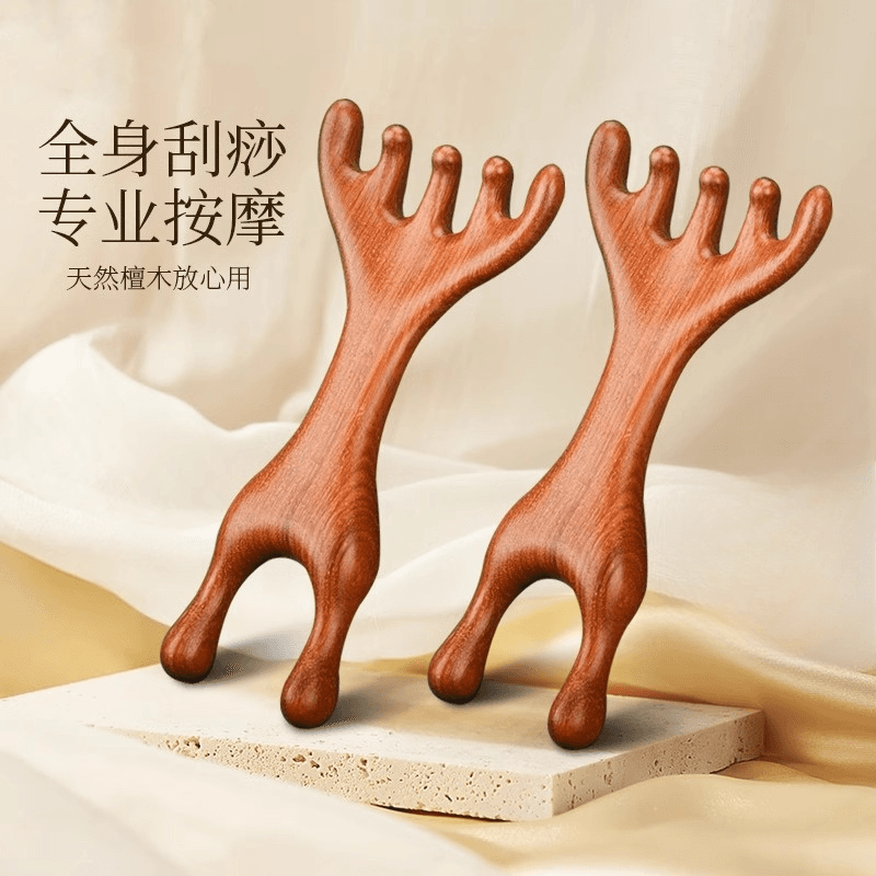 Sandalwood Antler Five-Prong Massage Comb for Head and Scalp Meridian Therapy and Nose Bridge Scraping (Little Frog)