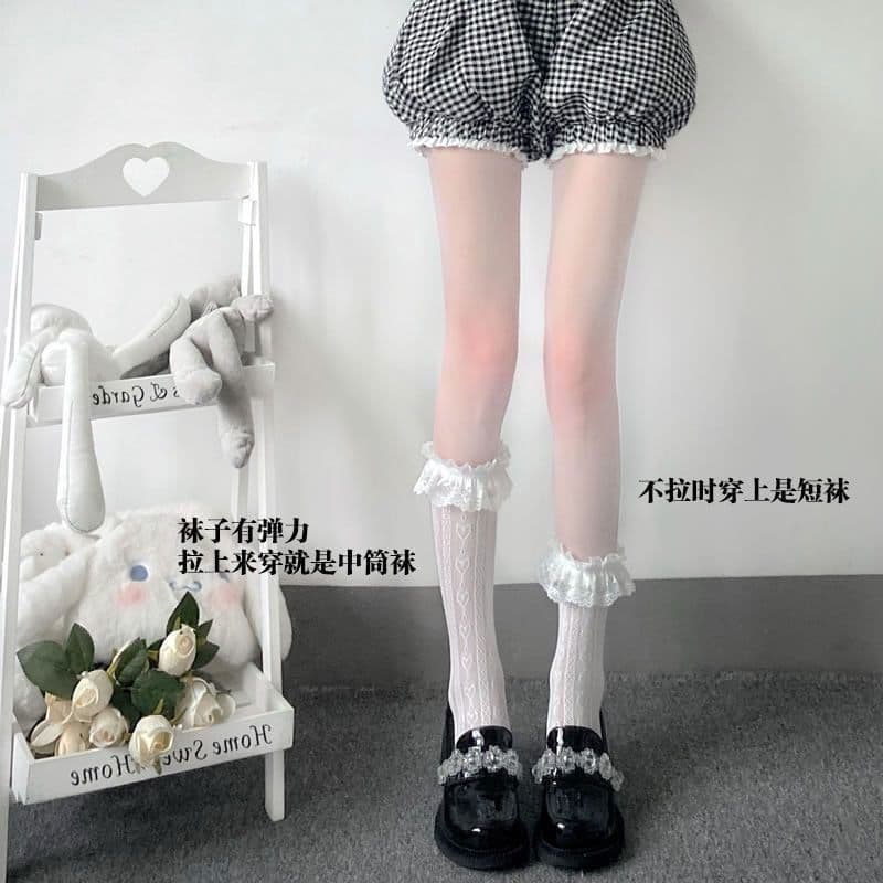 Mid-calf Lolita socks with lace cut-out, sweet Japanese style