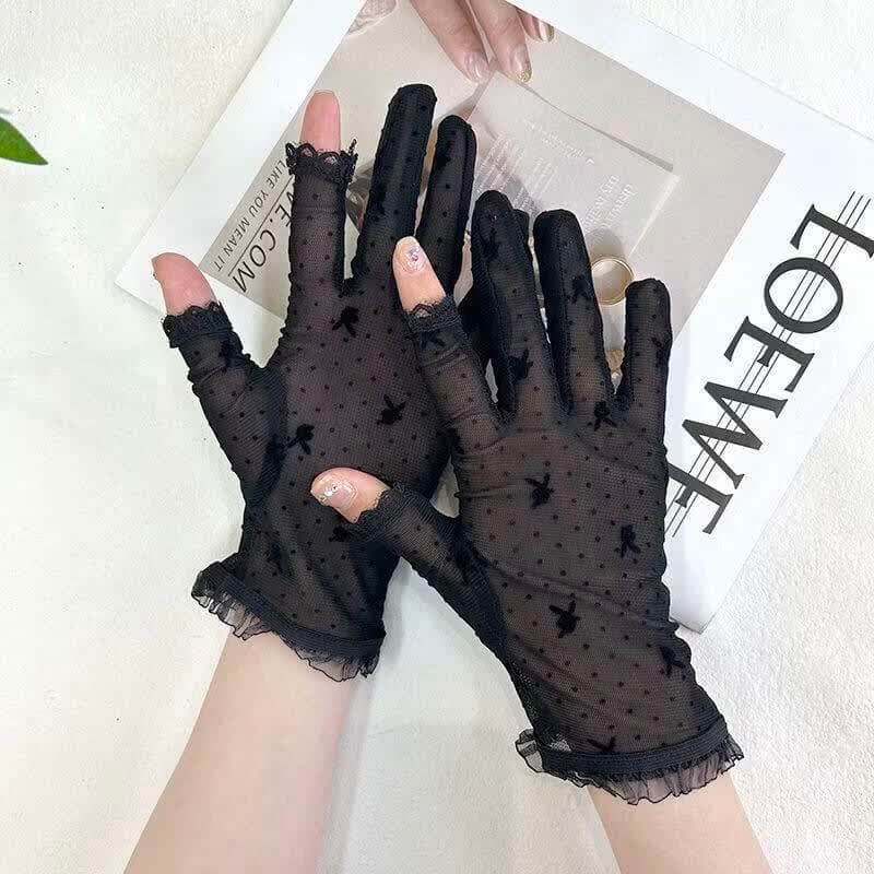 Sports Outdoor Lace Fingerless Gloves for Women, Thin Breathable Black Mesh, Half-Finger Sexy Elegant