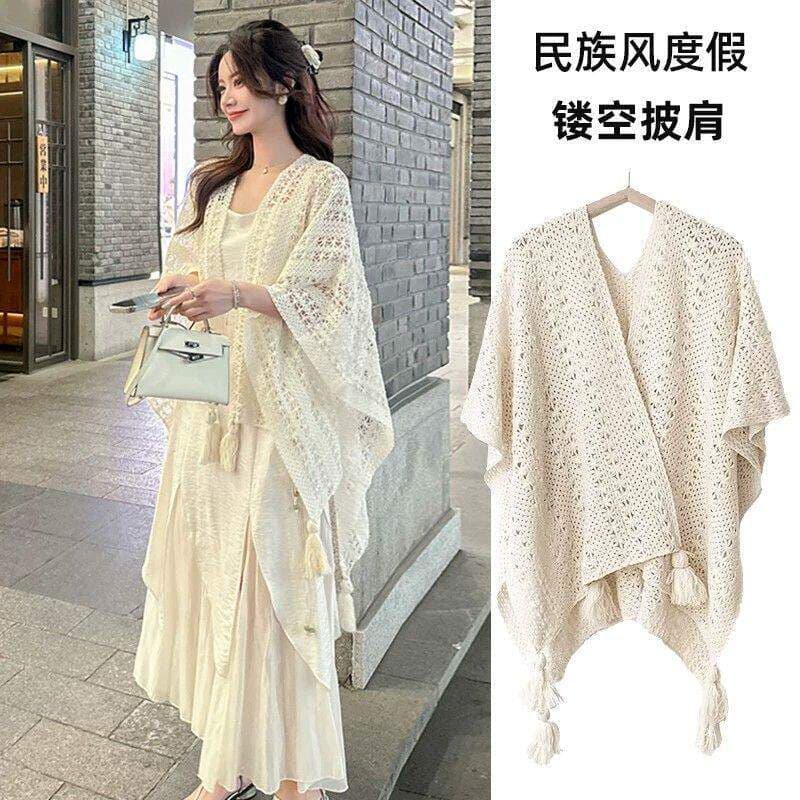 Retro Holiday Openwork Knitted Shawl Cardigan with Fringe, Lightweight Cape for Spring/Autumn, Ethnic Lace Cover-Up