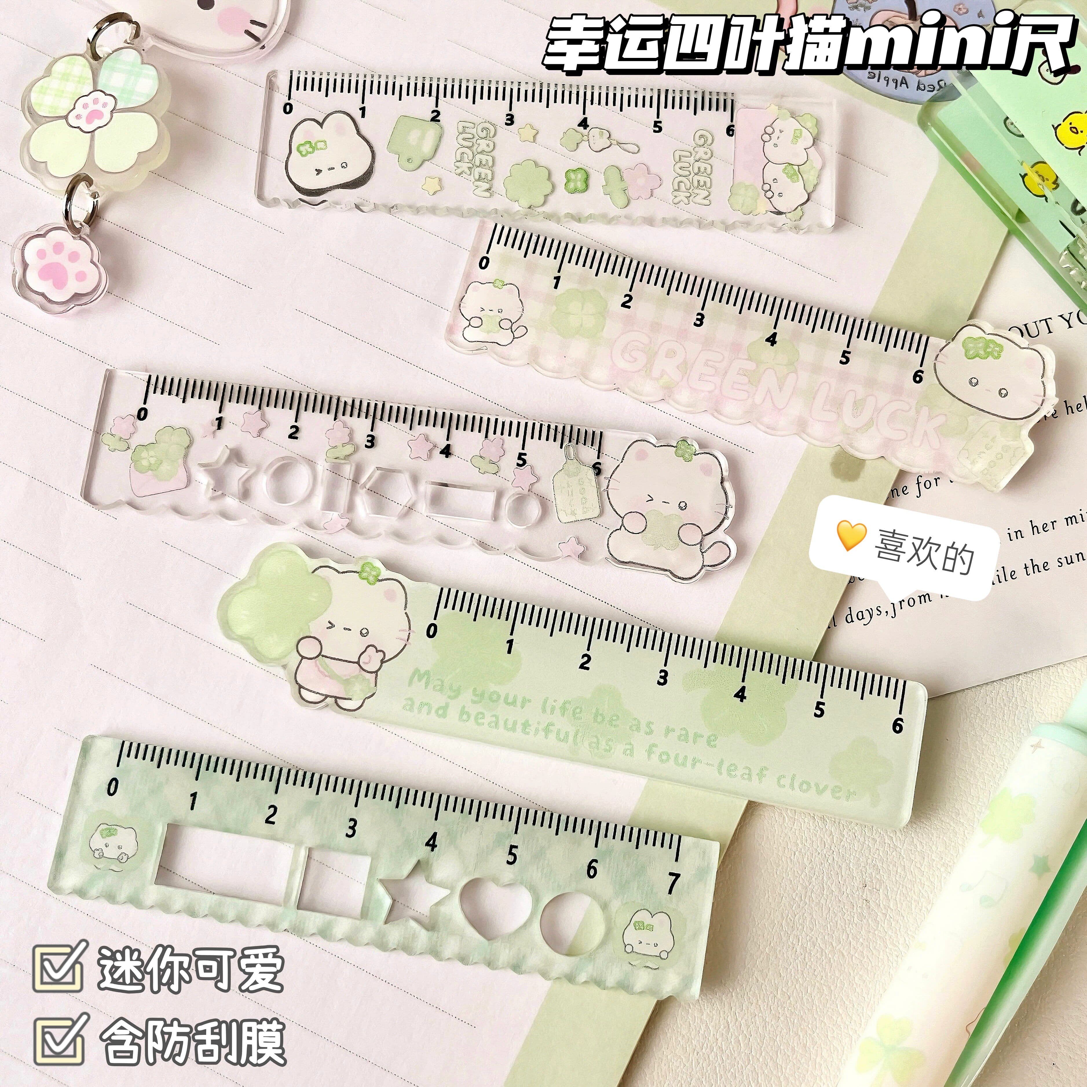 Lucky Four-Leaf Clover Cat Palm Ruler Student Portable Drawing Ruler Acrylic