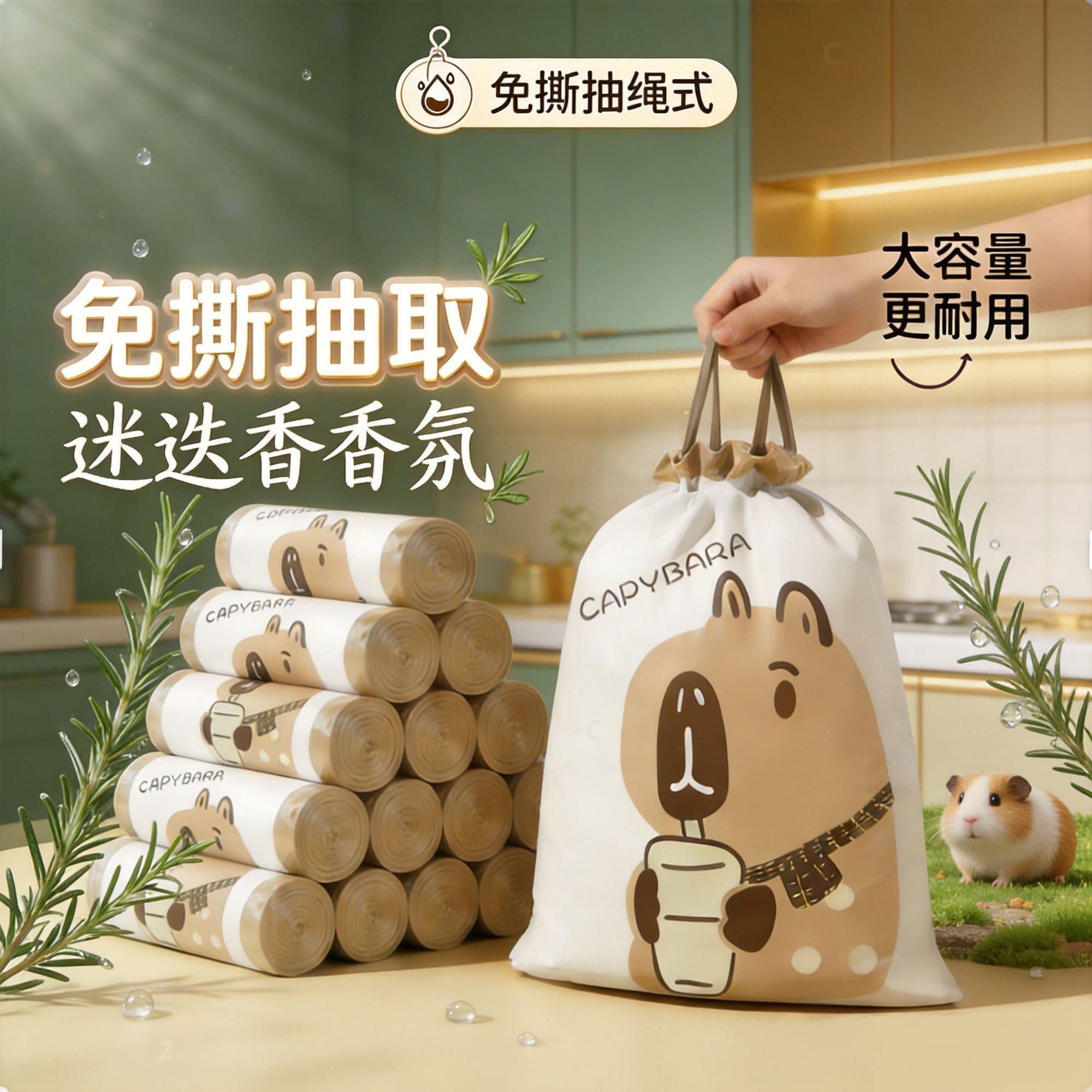 Capybara Rubbish Bags, Tear-Free, High-Appearance Printed, Drawstring, Thickened, Large Size, for Home and Kitchen