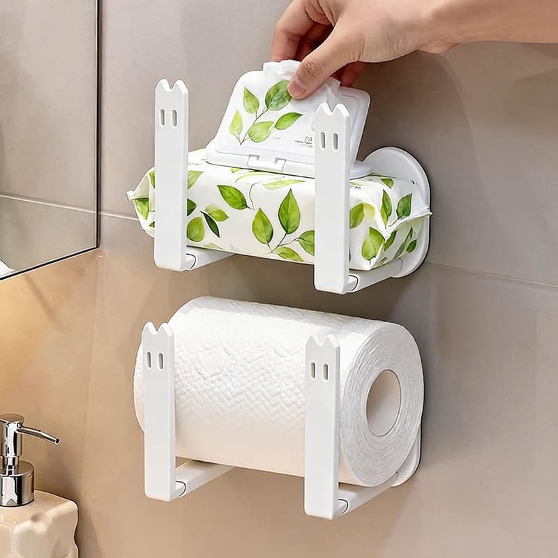 Adhesive Kitchen Paper Towel Holder Wall Mounted Storage Rack Toilet Paper Box Organiser Router Shelf